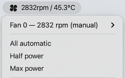 FanFan Control's menu bar widget dropdown: the menu bar pill showing fan RPM and CPU temperature, with the fan's speed and the All automatic, Half power, and Max power options below.
