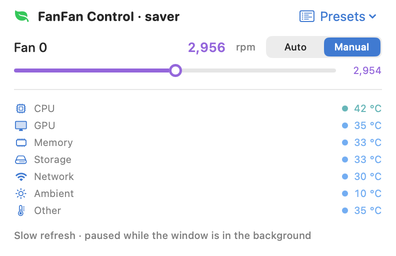 FanFan Control's power-saving mode: a plain-text interface showing the fan at about 2,950 rpm in manual mode with its speed slider, and CPU, GPU, memory, storage, network, ambient, and other temperatures below.