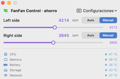 Modo ahorro de FanFan Control: interfaz de texto plano con la velocidad de Left side y Right side en manual, y las temperaturas de CPU, memoria, batería, almacenamiento y red debajo.