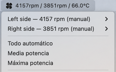 Menú desplegable del widget de FanFan Control: la pastilla de la barra de menús con las RPM de los dos ventiladores y la temperatura de la CPU, y debajo las opciones Left side, Right side, Todo automático, Media potencia y Máxima potencia.